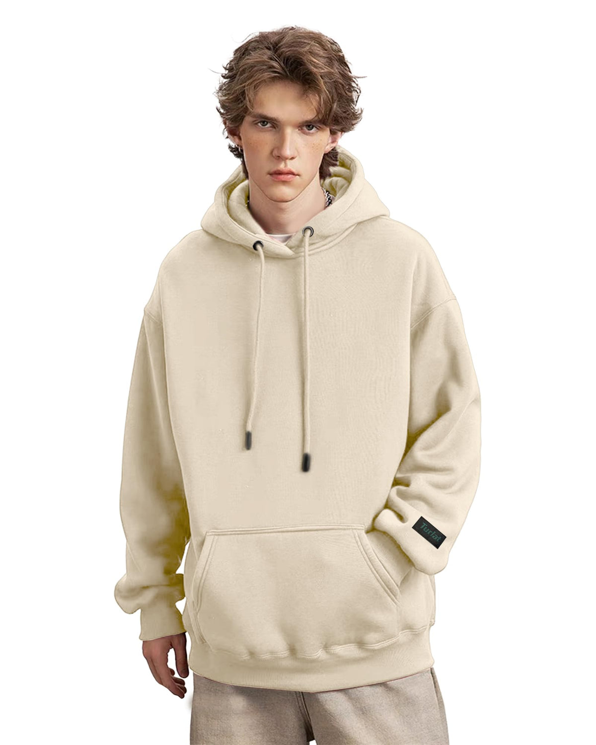 TURLAT Mens Beige Hoodie Heavyweight Fleece Hoodie Sweatshirt for Men Oversized Pullover Hoodie with Pocket Causal Loose Fit SportswearM