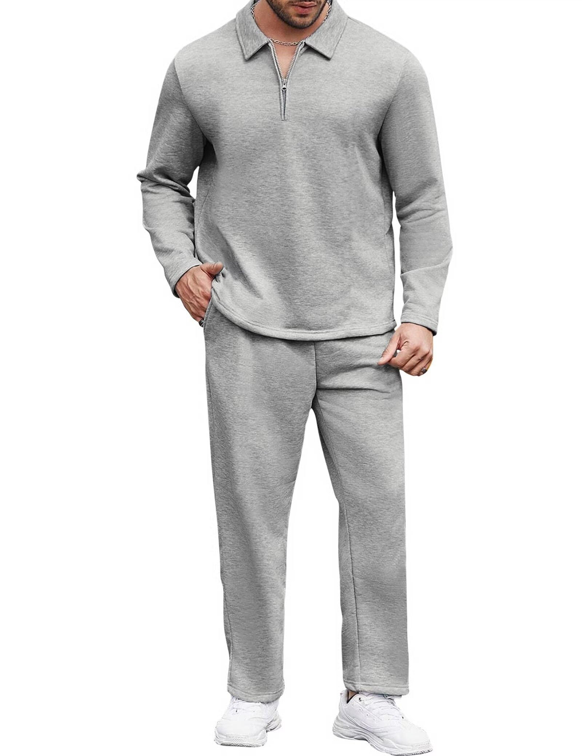 Uni Clau Mens Tracksuits 2 Piece Outfit Quarter Zip Casual Sweatsuit Sets Athletic Jogging Suits Sport Grey XL