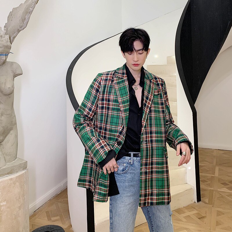 Stylish Vintage Green Plaid Casual Blazer for Men