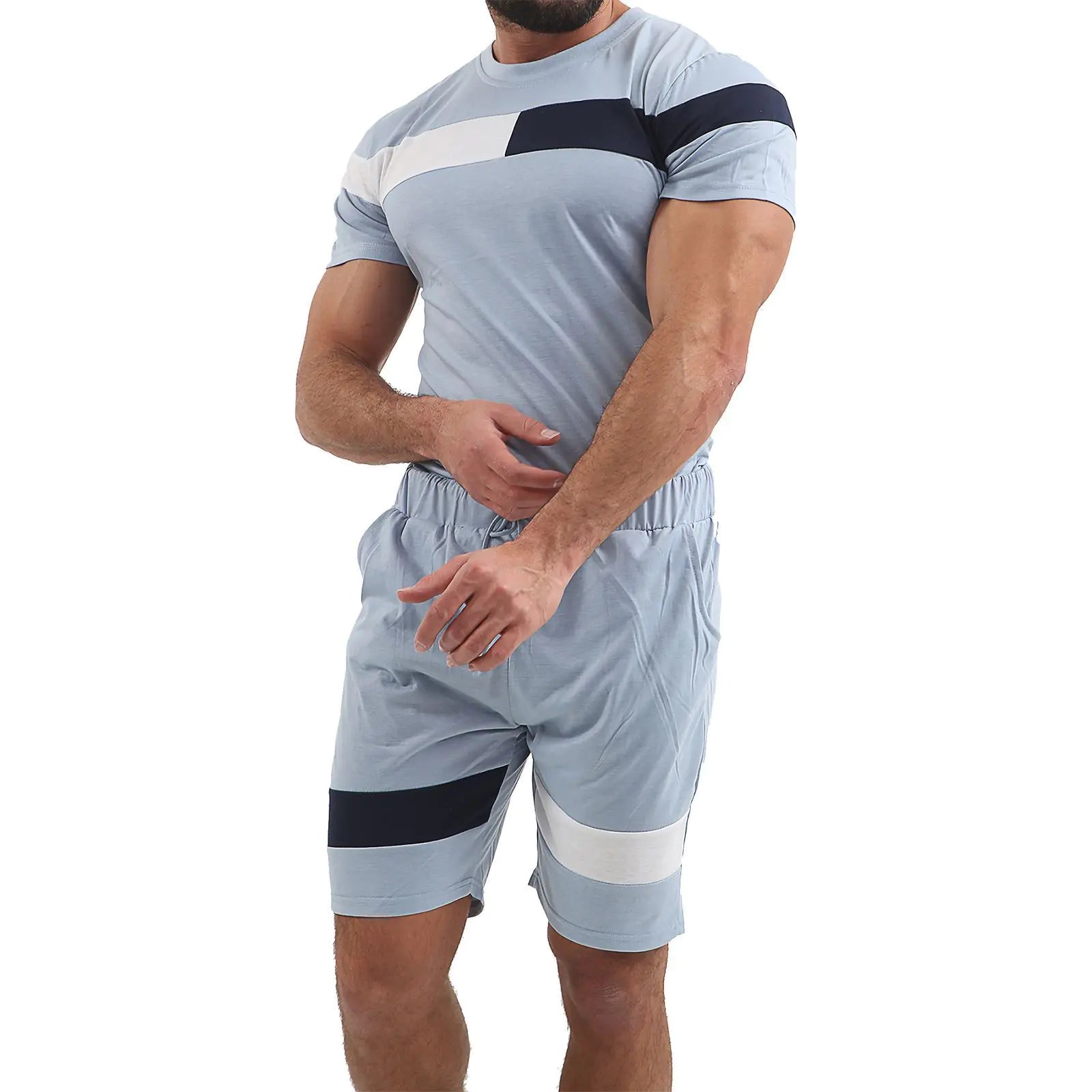 Men's Summer Short Sleeve Color Block Workout Set
