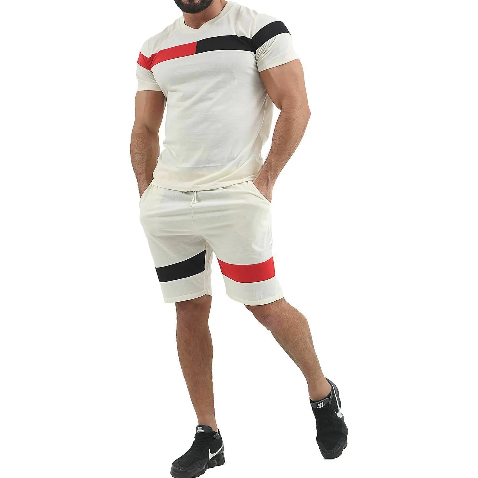 Men's Summer Short Sleeve Color Block Workout Set