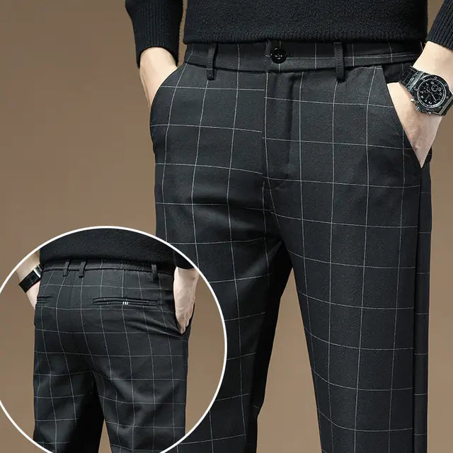 Slim Fit Plaid British Suit Pants for Men