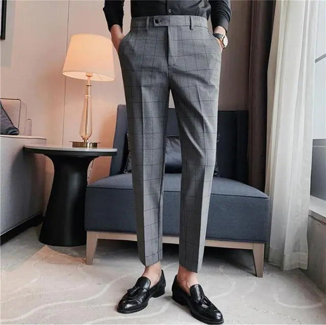 2023 British Style Slim Plaid Suit Pants for Men
