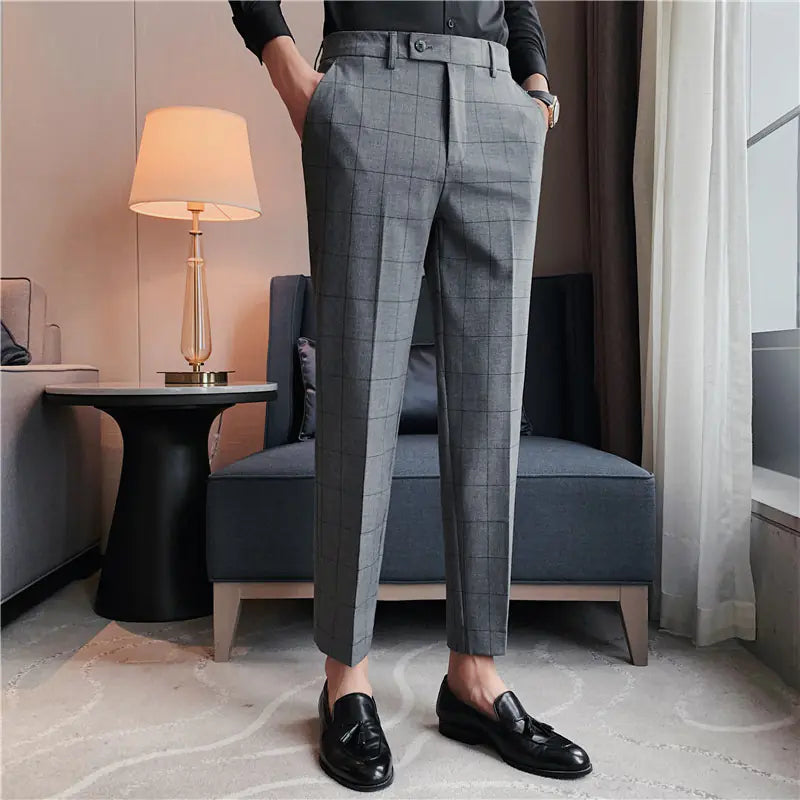 2023 British Style Slim Plaid Suit Pants for Men