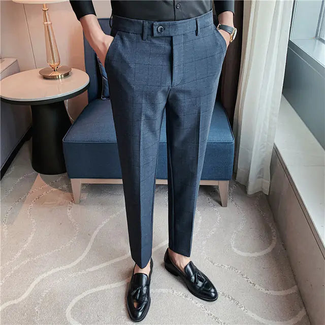 2023 British Style Slim Plaid Suit Pants for Men