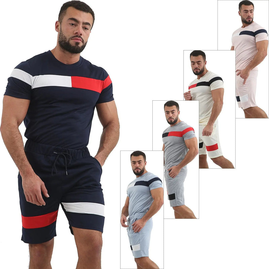 Men's Summer Short Sleeve Color Block Workout Set