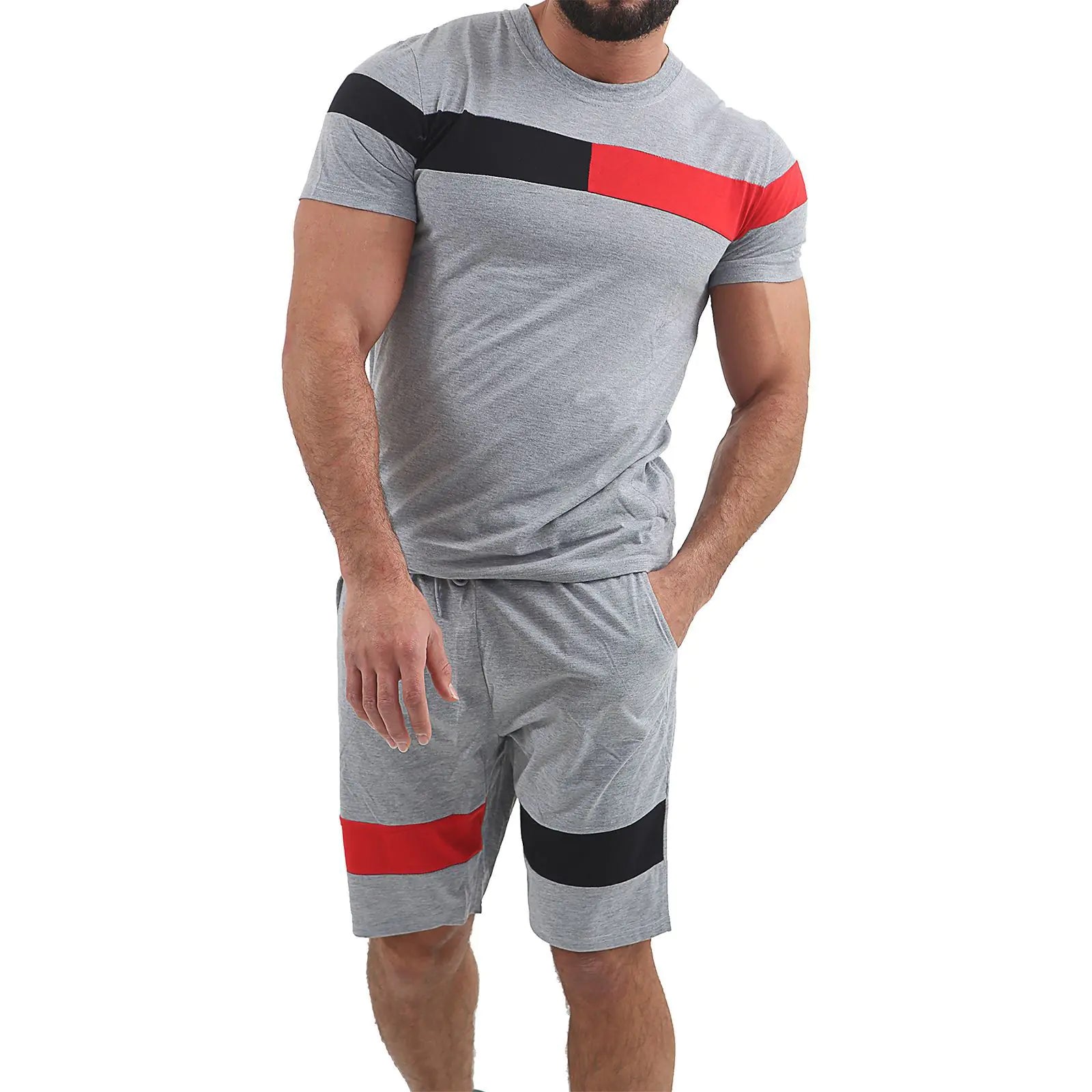 Men's Summer Short Sleeve Color Block Workout Set