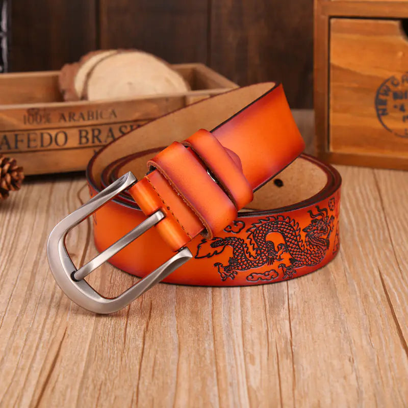 Embossed Leather Belt with Dragon Design for Men