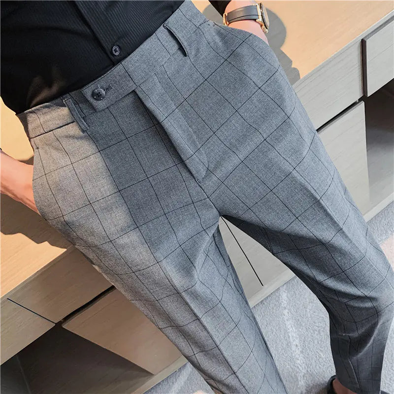 2023 British Style Slim Plaid Suit Pants for Men