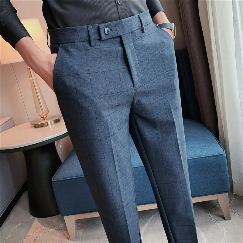 2023 British Style Slim Plaid Suit Pants for Men