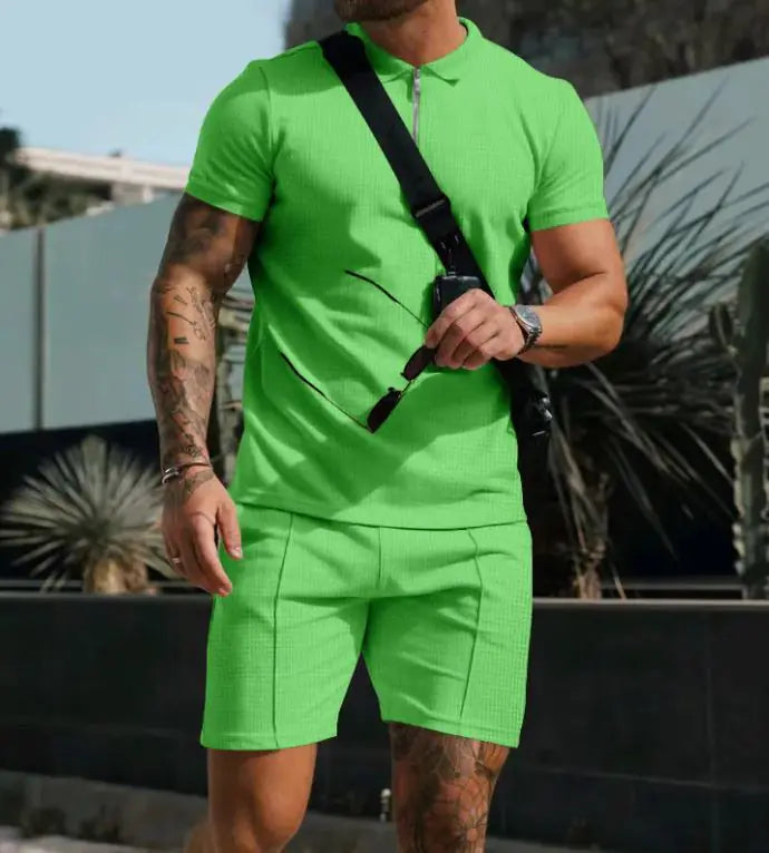 Men's Short Sleeve Shorts Casual Suit Summer Waffle Solid Color Casual Loose Lapels T-shirt Suit Men